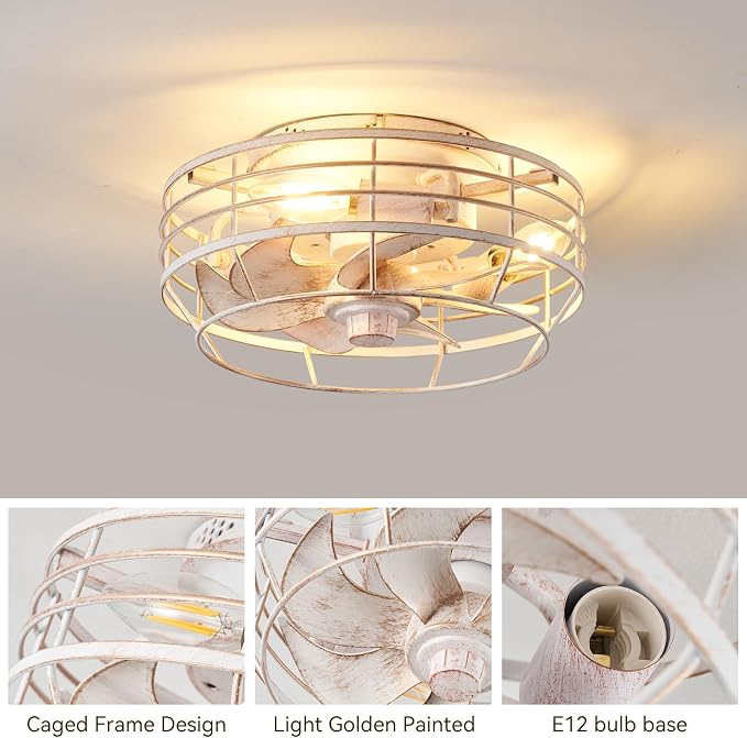 Ceiling Fan with Light and Remote, Modern Flush Mount Fan Lights Cage Ceiling Fixture, Bladeless 12 in 6 Speeds Fans with Lights for Kitchen Bedroom Living Room, White and Gold