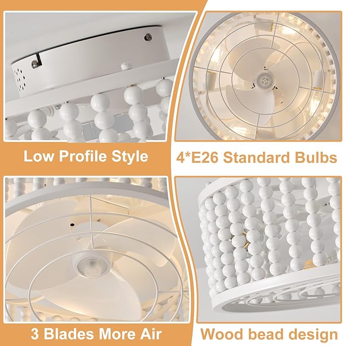 Ceiling Fans with Lights and Remote - Bulbs Included | Tropical Caged Fandelier with Handcrafted Beaded Décor | Flush Mount Installation Fan Lighting Fixture | 19 inches | Off-White