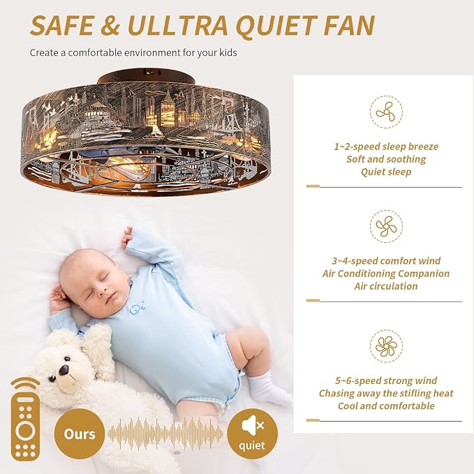 Caged Ceiling Fans with Lights Flush Mount,Low Profile Ceiling Fan with Remote,20 Inch Farmhouse Bronze Fan for Bedroom,6 Speeds Reversible Enclosed Fandalier Ceiling Fan with Bulb