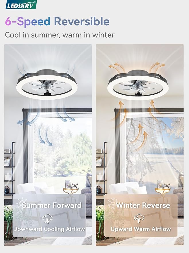LEDIARY RGB Low Profile Ceiling Fans with Lights and Remote, 20 Inch Dimmable Modern Fan Light(3000K-6000K), 6 Speed, Reversible, APP & Remote Control, Flush Mount Ceiling Fan for Bedroom, Black