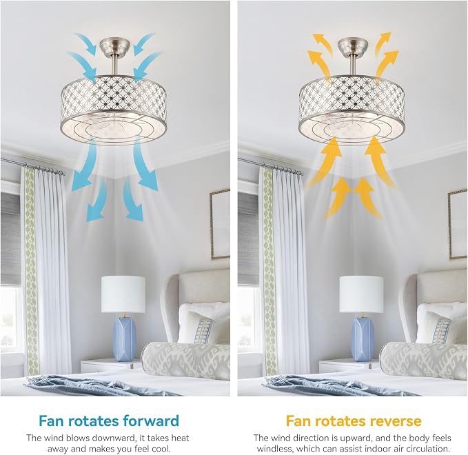 Silver Fandelier Ceiling Fan with Light, 20" Caged Silver Chandelier Ceiling Fans with Lights Remote Control, Fabric Mid-Century Modern with 6 Speeds for Bedroom, Nursery, Living Room.