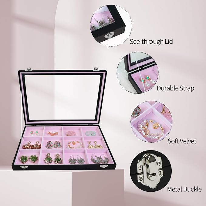 Stratalife 12 Grid Bracelet Jewelry Box, Bangle Holder Organizer with Lid | PU Leather Storage Box for Earring, Ring, Studs and Trinkets, Soft Velvet Drawer Organizer for Women, Dustproof, Pink Black