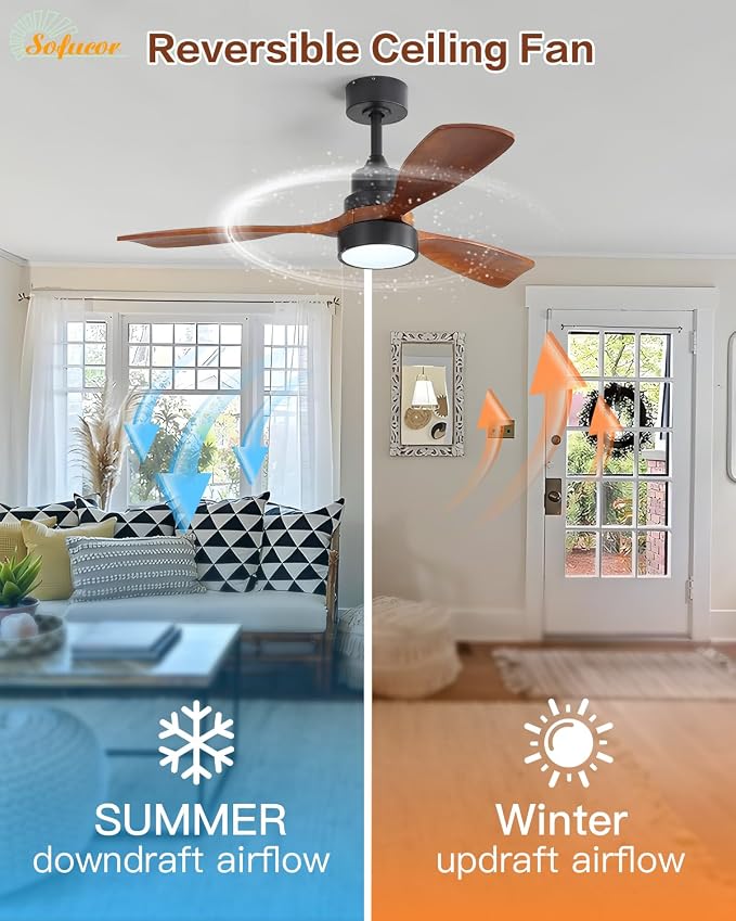 Sofucor 48 Inch Smart Ceiling Fans with Lights-Flush Mount & Downrod Mount Modern Outdoor Ceiling Fans with Alexa/Google Assistant/APP/Remote Control for Bedroom/Farmhouse/Patio, Black & Walnut