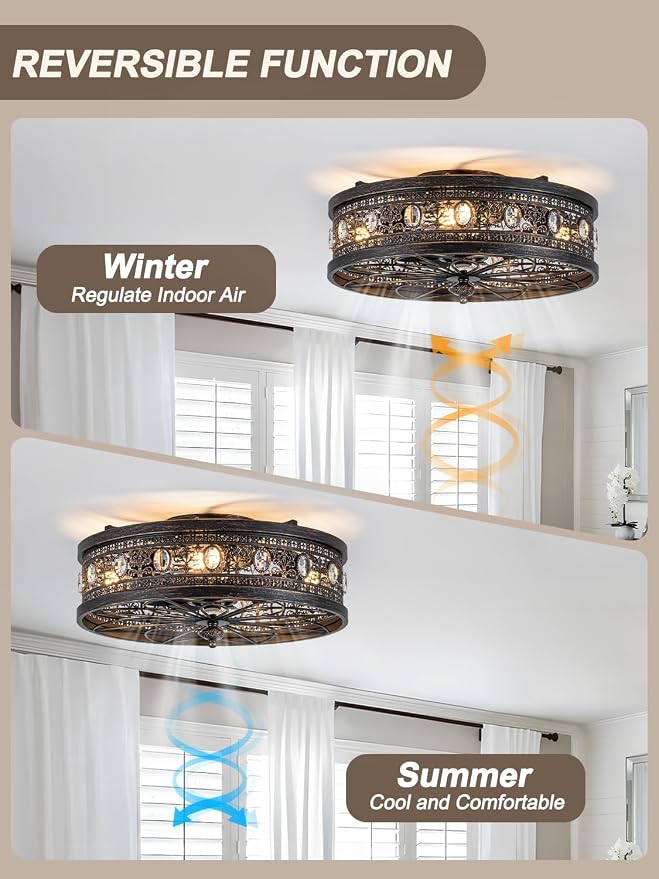 20 Inch Caged Flush Mount Ceiling Fans with Lights and Remote | Vintage Rustic Ceiling Fan with 6 Speeds Timing, Small Enclosed Bladeless Ceiling Fandelier for Bedroom, Kitchen, Foyer