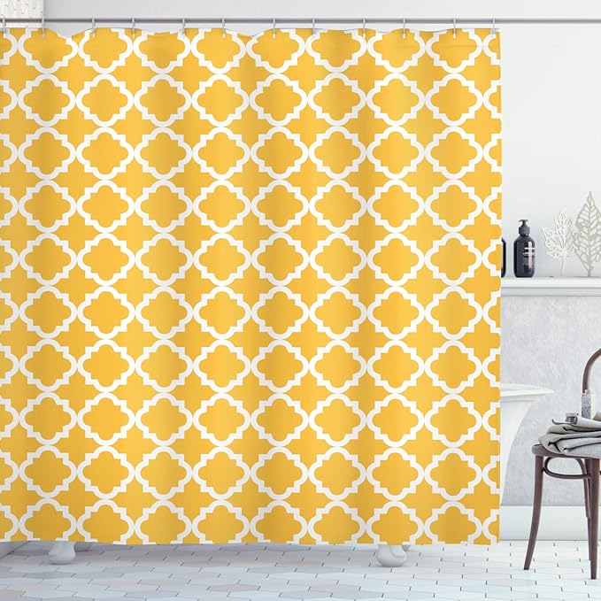 Ambesonne Quatrefoil Shower Curtain, Vintage Classic Pattern with Monochrome Elements in Old Fashioned Style Print, Cloth Fabric Bathroom Decor Set with Hooks, 69" W x 70" L, Mustard White