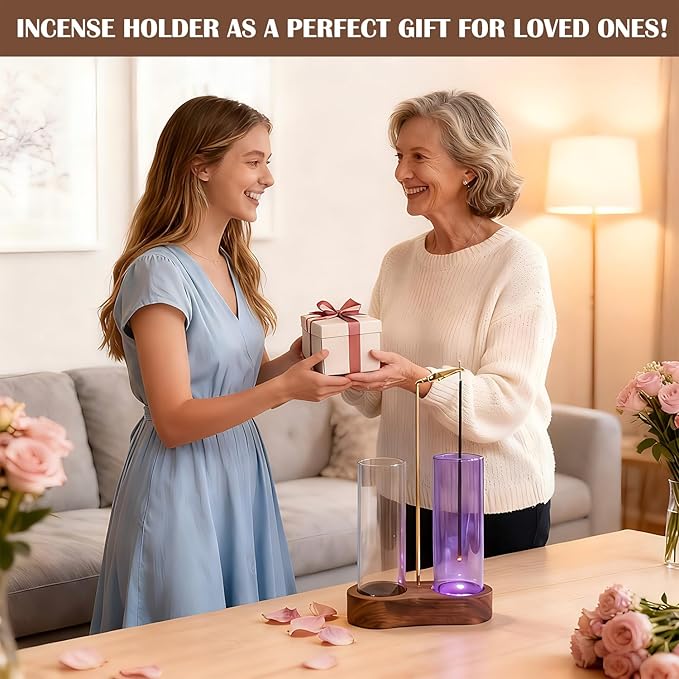 Glass Glowing Incense Holder - Modern Double Tube Incense Stick Burner with Ash Catcher - Aesthetic 2-in-1 Fragrance Display for Palo Santo, Sage & Candles - Zen Decor for Yoga & Meditation