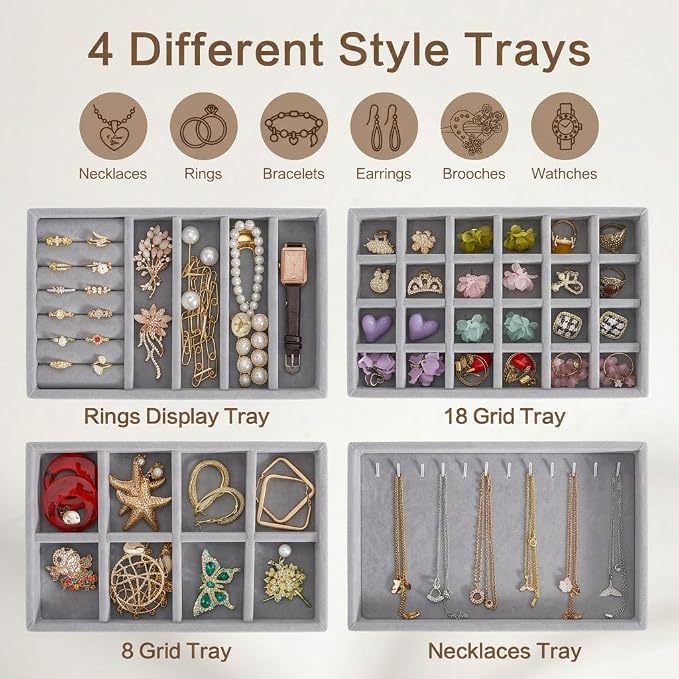 Velvet Jewelry Drawer Organizer – Four-Piece Stackable Jewelry Tray Set for Earrings, Rings, Necklaces, Bracelets, and Watches. Customizable jewelry dividers. Suitable for Dressing Tables or Vanities