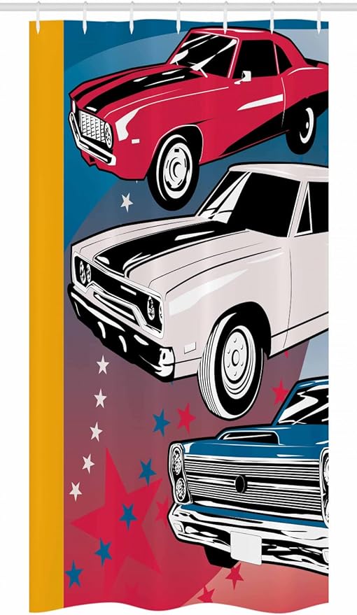 Ambesonne Cars Stall Shower Curtain, Pop Art Group of Nostalgic American Muscle Vehicle Stars Antique Print, Fabric Bathroom Decor Set with Hooks, 36" W x 72" L, Blue Beige