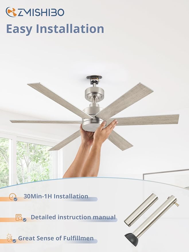 ZMISHIBO 48 Inch Ceiling Fans No Light, Brushed Nickel Ceiling Fan Wth No Light, 6 Blades, Quiet Reversible DC Motor, 6-Speeds, Ceiling Fan Modern for Living Room, Bedroom, Office, Indoor/Outdoor Use