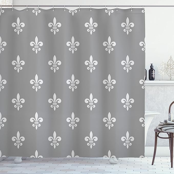 Ambesonne Fleur De Lis Shower Curtain, Royal Petal Floral Lily in Simple Old Style Ornate Antiquity Abstract, Cloth Fabric Bathroom Decor Set with Hooks, 69" W x 75" L, Taupe Grey