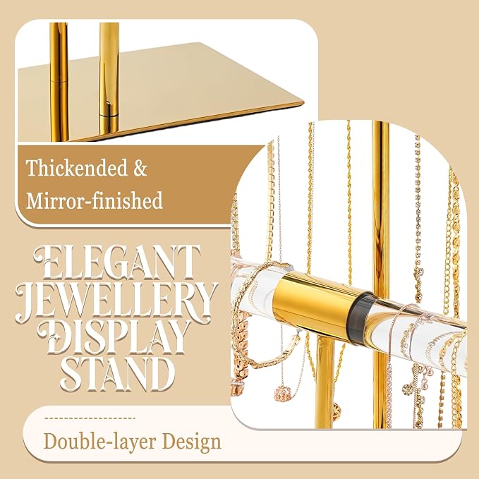 Display Stand Acrylic Jewelry Towers - Stainless Steel Long Necklaces Stand 2-Tier Crystal Tabletop Jewelry Organizer Home Decor for Store Boutique Vendors