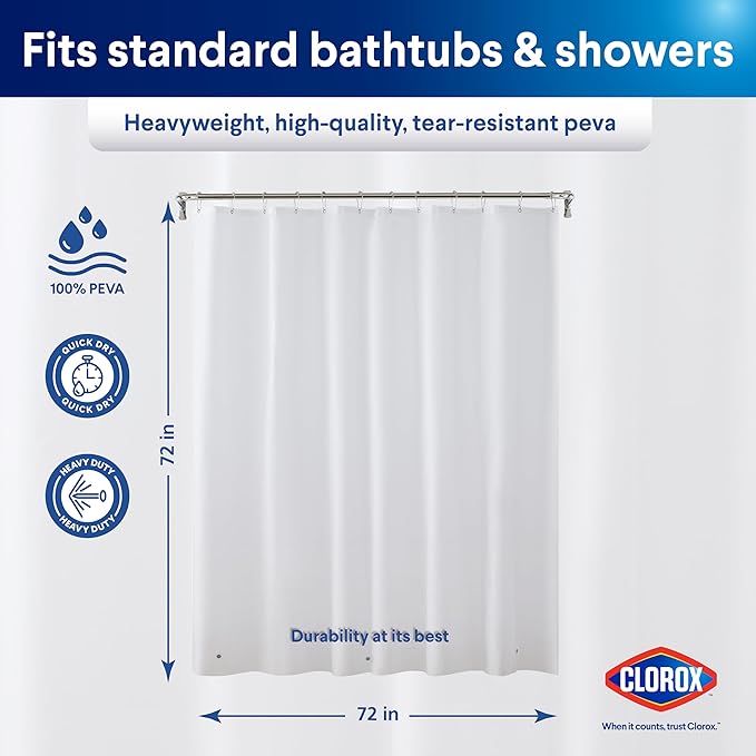 Clorox Shower Curtain Liner, Premium Lightweight Flexible Waterproof 8g PEVA for Bathroom with Weighted Magnets, Standard Size 72" x 72", White 1 Pack