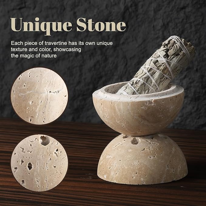 Koville Natural Travertine Incense Burner, Stone Incense Holder for Cone/Balsam Fir/Palo Santo/Sage, Handmade Sphere Marble Incense Burner for Meditation Yoga SPA Relaxation, Home Decor(Beige)