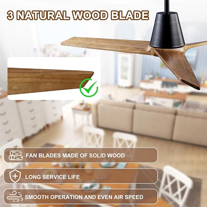 52 Inch Solid Wood 3 Blades Outdoor Ceiling Fan No Light DC Remote Control | solid sycamore blades, reversible dc motor, 6-speed timer remote, no light, for bedroom patio indoor outdoor spaces
