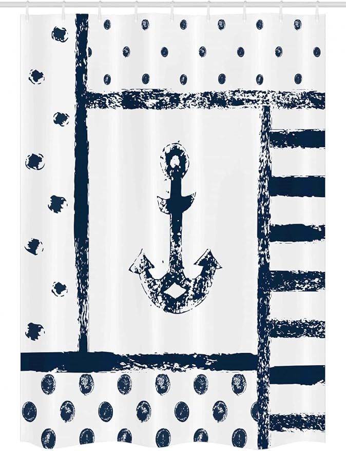 Ambesonne Anchor Stall Shower Curtain, Grunge Murky Boat Marine Silhouette Polka and Stripe Retro Navy Theme Art, Fabric Bathroom Decor Set with Hooks, 54" W x 78" L, Dark Blue White