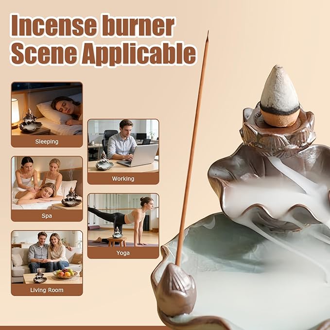 Waterfall Incense Burner, Lotus Backflow Incense Holder Ceramic Censer Cones Sticks Porcelain Holder for Home Décor, Meditation, Yoga, Spiritual Rituals (Brown)