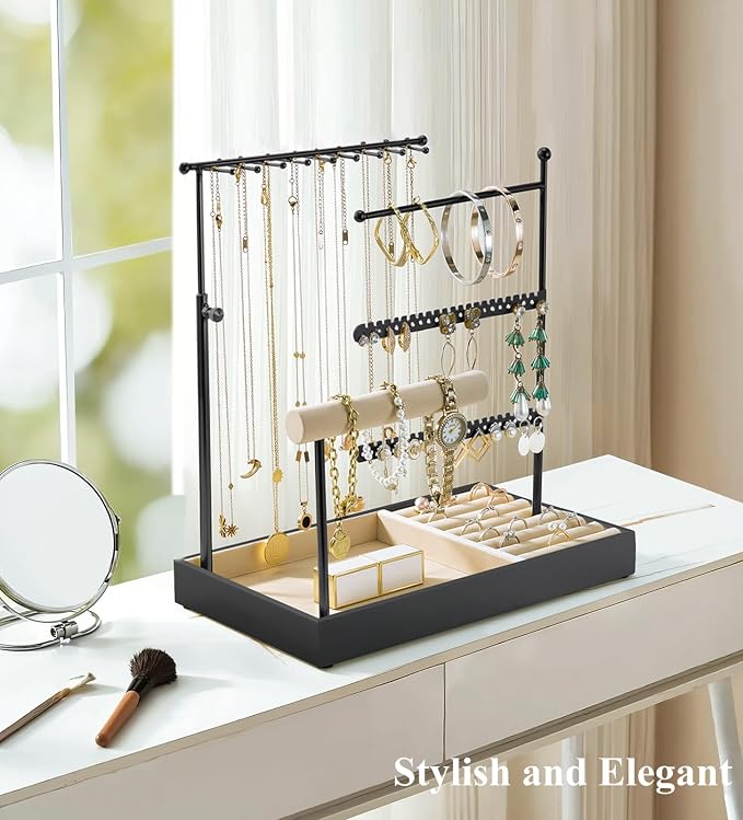 Emibele Jewelry Necklace Holder, 5 Tier Jewelry Organizers and Storage | Earring Bracelet Holder, Jewelry Display with Metal Frame Velvet Ring Tray, Aesthetic Jewelry Stand Gifts for Women, Black
