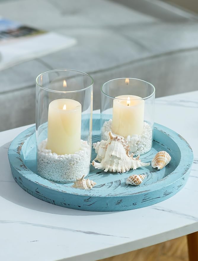 Hanobe Candle Plate Holder Tray: Round Wood Decorative Candle Plate - Rustic Farmhouse CoffeeTable Decor - Tealight Pillar Trays for Home Decor (Ocean Blue)