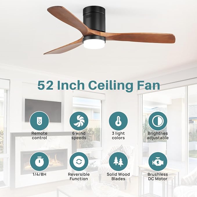 Sofucor 52 Inch Smart Ceiling Fans with Lights-Flush Mount Low Profile Modern Outdoor Solid Wood Ceiling Fans with Alexa/Google Assistant/APP/Remote Control for Bedroom/Farmhouse/Patio, Brown Black