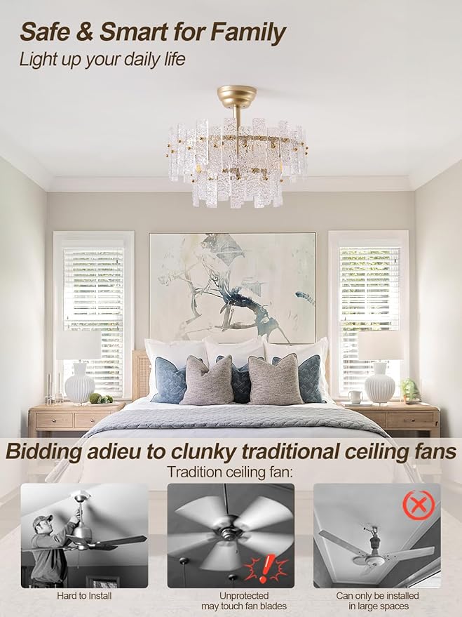 20" Gold Fandelier Ceiling Fan with Light,Gold Crystal Chandelier Ceiling Fans with Lights and Remote Control,Mid-Century Modern Caged with 6 Speeds for Living Room Bedroom Nursery