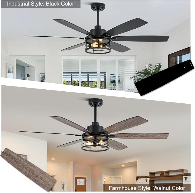 60" Farmhouse Ceiling Fan with Lights Remote, Rustic Ceiling Fan | Industrial Caged Fandelier Black Metal Chandelier Light, Reversible Quiet DC Motor 6 Speeds for Living Room Bedroom Indoor
