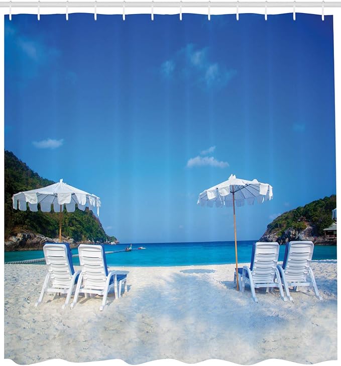 Ambesonne Seaside Shower Curtain, Seaside Hills Sandy Beach with Chairs Umbrellas Facing The Sea Image, Cloth Fabric Bathroom Decor Set with Hooks, 69" W x 84" L, White and Blue