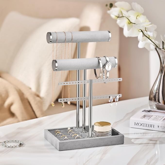 Jewelry Organizer Stand for Necklaces, Bracelets, Earrings, Rings, Grey | 3 Tier Velvet Bracelet Holder Display | Jewelry Organizers and Storage | Jewelry Tree | Jewelry Towers