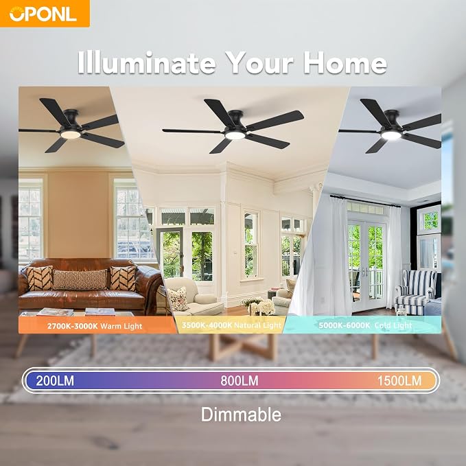 OPONL Ceiling Fan with Light, 52 inch Low Profile Ceiling fan with Light and Remote Control, Reversible, 6CCT, Dimmable, Noiseless, Black Ceiling Fan for Bedroom, Indoor/Outdoor Use, Modern