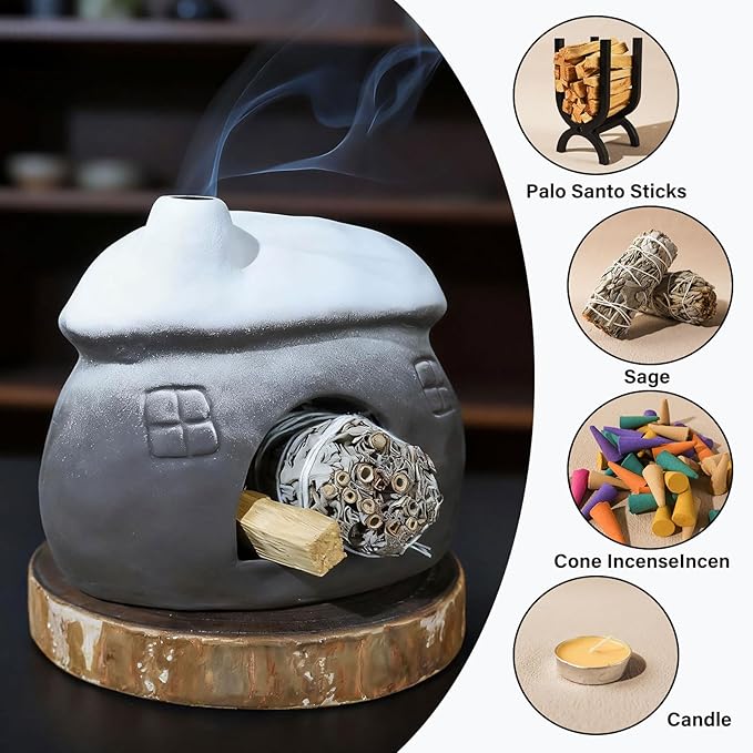 Mougigi Wide Snow-Roofed Palo Santo Burner - Mini Chiminea Incense Holder, Tabletop Chiminea Palo Santo Stick Holder Ideal for Smudging Sage, Burning Incense Cones for Zen-Inspired Home Decor Gift