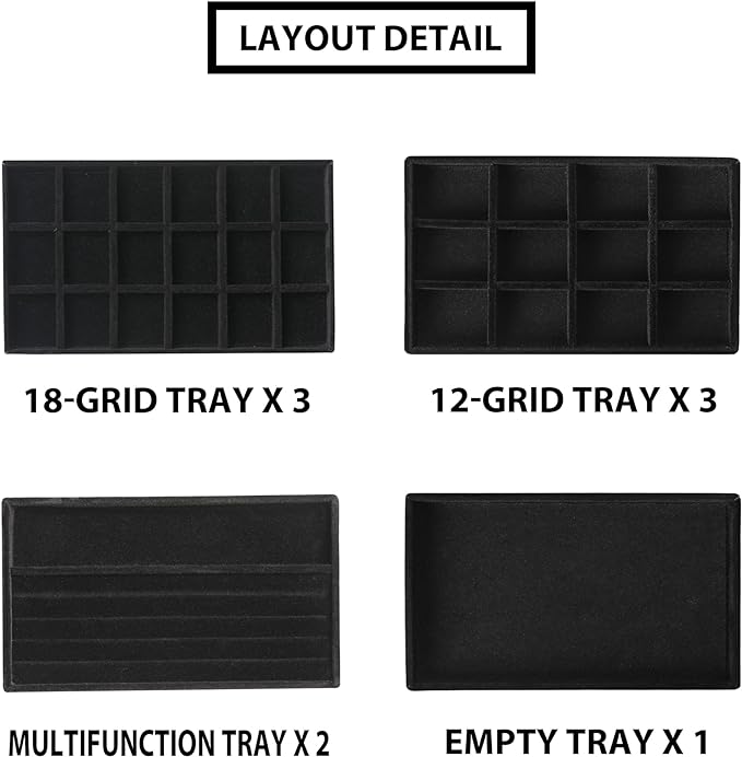 Frebeauty Jewelry Trays for Drawer,Set of 9 Jewelry Organizer and Storage | Velvet Material,Earring Holder Organizer,Stackable Jewelry Display for Vanity,Drawer Inserts for Rings,Studs,8.3×4.9 inch