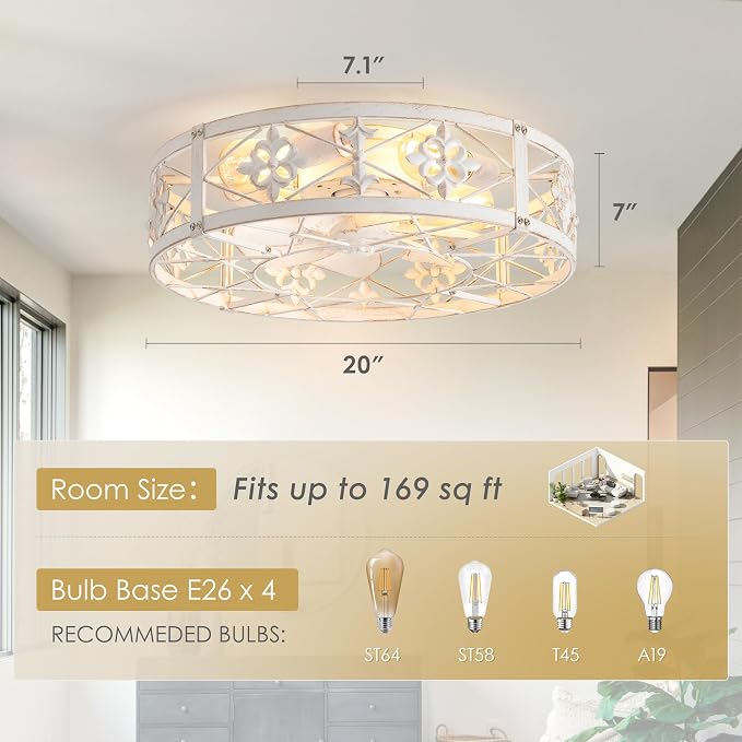 ZYD Caged Ceiling Fans with Light, 20" Ceiling Fans with Lights and Remote Flush Mount, Bladeless Caged Ceiling Fan with Light, Rust White Farmhouse Ceiling Fan for Bedroom, Kitchen, Dining Room