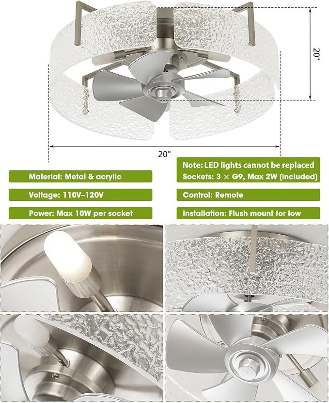 20" Low Profile Caged Ceiling Fan with Light, Modern Flush Mount Ceiling Fans with Remote, Silver Fandelier Ceiling Fan with Reversible DC Motor, Small Ceiling Fans for Bedroom Living Room