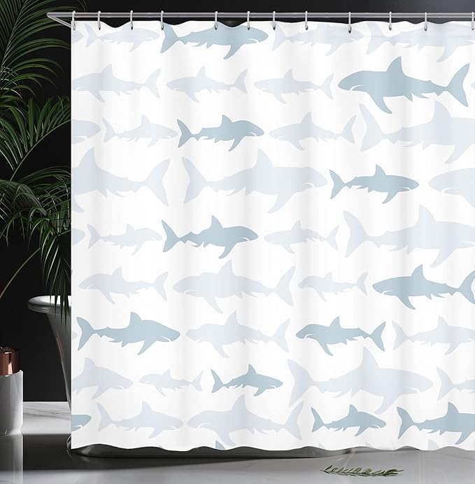 Ambesonne Sea Animals Shower Curtain, Monochrome Shark Illustration Fashion Maritime Illustration Aquatics, Cloth Fabric Bathroom Decor Set with Hooks, 69" W x 70" L, Cadet Blue