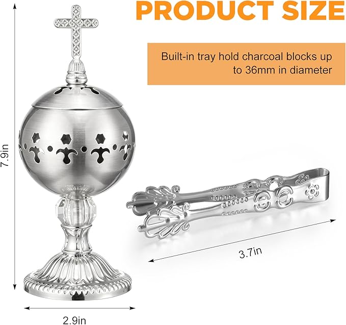 Zonon 1 Set Incense Burner with Tong, Frankincense Charcoal Incense Stand Holder, Ideal for Yoga, Spa, Aromatherapy, Home and Christian Church Censer (Silver,Retro)