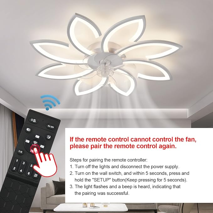 35" Geometric Ceiling Fan with Light Remote Control, 6 Speeds 3 Colors, White Low Profile Flush Mount Ceiling Fan for Kitchen Bedroom Living Room