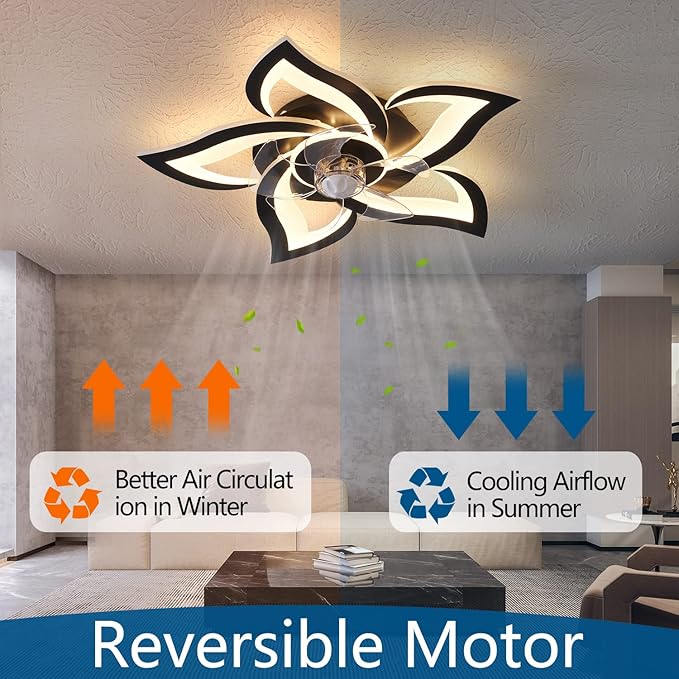 Dalouguan Ceiling Fan with Lights Remote Control, 24" Black, 6 Speeds 3 Light Color Low Profile Flush Mount Ceiling Fan for Kitchen Bedroom