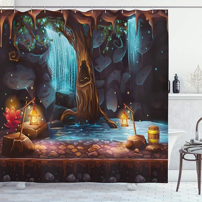 Ambesonne Fantasy Shower Curtain, Enchanted Forest with Cave Waterfall and Magic Tree Cask Colorful Elf Image, Cloth Fabric Bathroom Decor Set with Hooks, 69" W x 70" L, Brown Blue