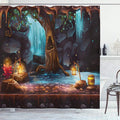 Ambesonne Fantasy Shower Curtain, Enchanted Forest with Cave Waterfall and Magic Tree Cask Colorful Elf Image, Cloth Fabric Bathroom Decor Set with Hooks, 69" W x 70" L, Brown Blue