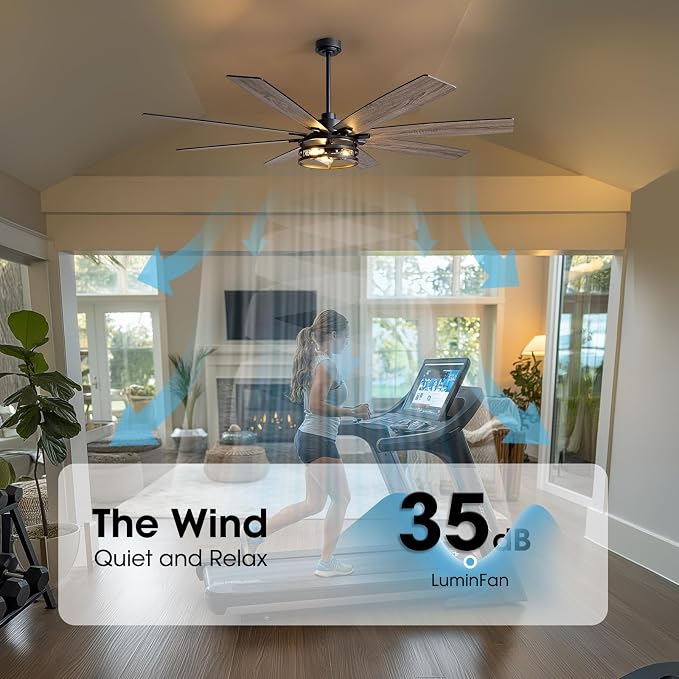 LuminFan 72 inch Large Ceiling Fans with Lights and Remote, Black Modern Ceiling Fan for Living Room, Patios, 6 Speed Reversible Quiet DC Motor, 8 Blades, Easy to Install