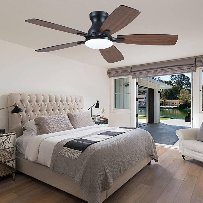 NKPU Ceiling Fans with Lights, Low Profile Ceiling Fan with Light and Remote/APP Control, DC Reversible Motor, Noiseless, Flush Mount, 46inch Brown Ceiling Fan for Bedroom Indoor/Outdoor Use