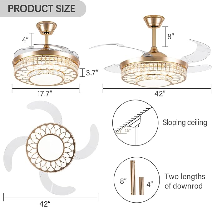 42" Retractable Ceiling Fans with Lights, Crystal Chandelier Ceiling Fan with Remote & APP Control, Modern Dimmable LED Fandelier for Living Room, Dinning Room, Bedroom (Gold)