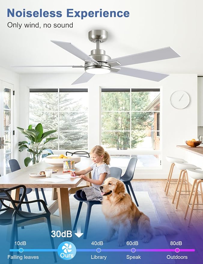 Modern Ceiling Fans with Lights - 52 inch Brushed Nickel Ceiling Fan with Light and Remote, Reversible DC Motor, 6-Speed Quiet 3CCT for Bedroom, Indoor, Patios, ETL Listed