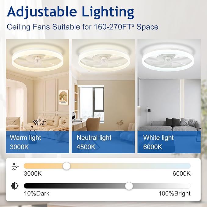 DLLT Bladeless Ceiling Fans with Lights: 24 Inch Modern Flush Mount Low Profile Ceiling Fan with APP Remote Control - White Enclosed LED Fandelier Dimmable Quiet DC Motor for Bedroom Living Room