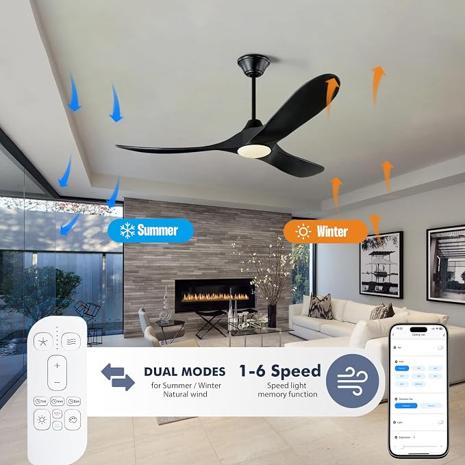 52 Inch Black Smart Ceiling Fan with Lights, Outdoor Ceiling Fan for patio, 3 Blades Wood Ceiling Fan with Quiet Reversible DC Motor, Indoor Exterior Modern Ceiling Fan with Alexa/App/Remote Control