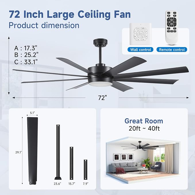 72 Inch Ceiling Fans with Lights, Ceiling Fans with Lights and Remote, Dimmable, Indoor/Outdoor Black Modern Ceiling Fan for Kitchen Living Room Patio, Shop Industrial, Dual Finish 8 Blades
