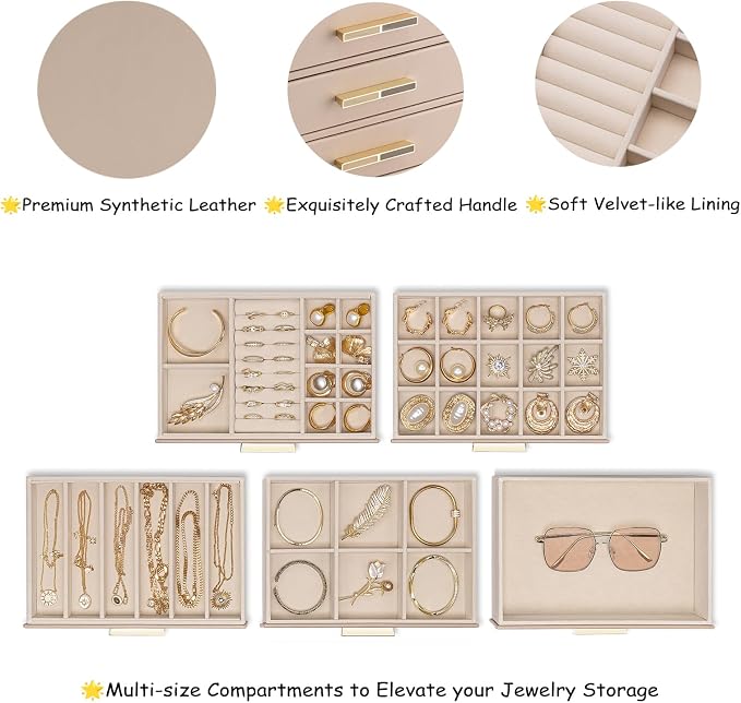 VLANDO 5-Drawer Jewelry Box with Glass Lid, Faux Leather Organizer for Rings Earrings Necklaces and More, Gift-Ready Jewelry Case for Women Girls or Moms, Latte