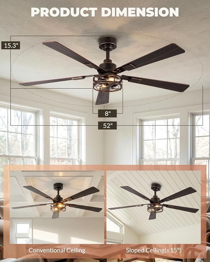 52 Inch Farmhouse Ceiling Fans with Lights, Caged Ceiling Fan with Remote Control, Quiet and Reversible DC Motor, 6-Speed 5 Blades House Ceiling Fan for Kitchen, Living Room, Black and Gold Color