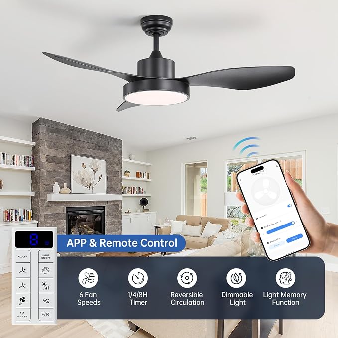 Sofucor 48 Inch Smart Ceiling Fan with Lights Modern Outdoor Ceiling Fans Compatible with Alexa/Google/APP/Remote Control, ABS Blades 6 Speeds Quite DC Motor & Timing for Patio Bedroom Living Room