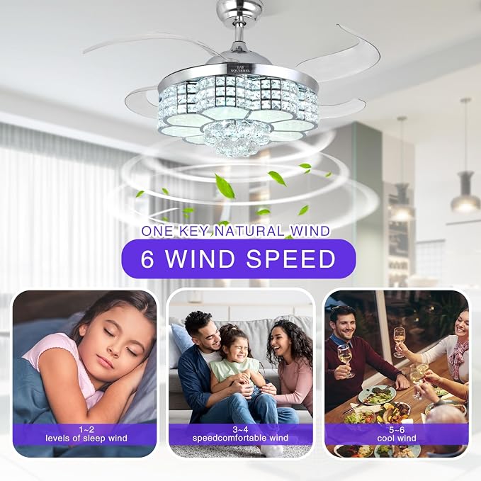 BAYSQUIRREL Retractable Ceiling Fan with Light and Remote/APP Control, Bluetooth Ceiling Fans with Speaker, RGB-LED Light 6 Speeds Reversible Blades,Chandelier Crystal Ceiling Fan with Lights