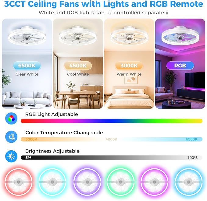 RGB Ceiling Fans with Lights and Remote, 20 Inch Flush Mount Low Profile Ceiling Fan with Light,3000K-6500K Dimmable,Modern LED Fandelier Ceiling Fan for Bedroom Living Room (White)